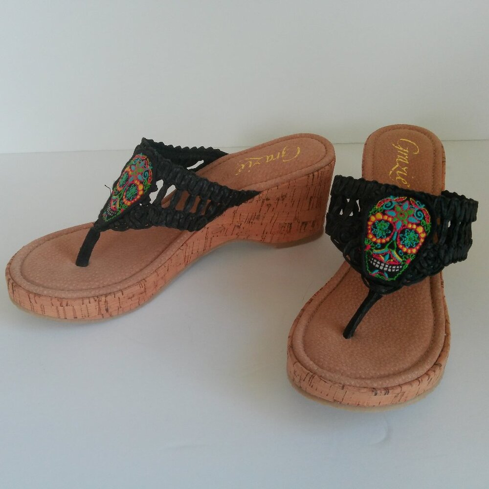 Grazie Wedge Heel Sandal 10 Black Embroidered Sugar Skull Woven Upper Cork Sole - Picture 10 of 14